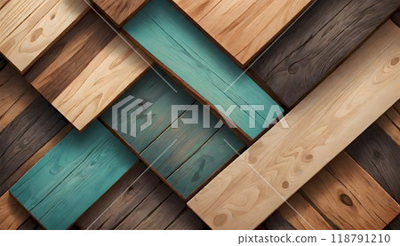 Colorful wooden plank wall with various shades of brown, blue, and red arranged in a geometric pattern, Generative AI. 118791210