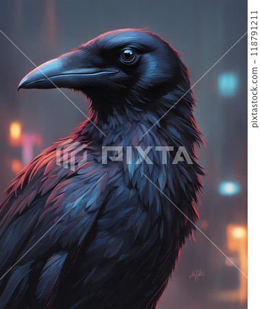 Raven perched on a branch with a vibrant, colorful background, with the feathers are detailed and the background featuring abstract, flowing colors in shades of blue, pink, and orange, Generative AI. 118791211