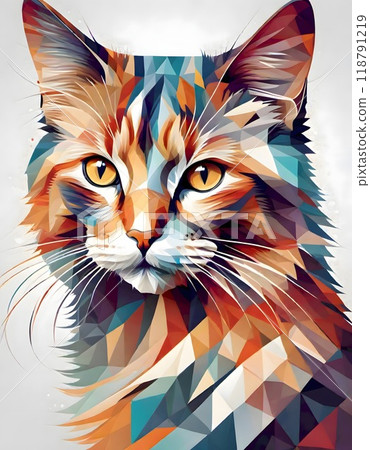 A colorful polygonal illustration of a cat with bright yellow eyes and detailed fur perfect for artistic and modern design projects, Generative AI. A colorful polygonal illustration of a cat with bright yellow eyes and detailed fur perfect for artistic and modern design projects, Generative AI. 118791219