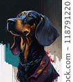 Charming portrait of a dachshund, enhanced with bright, colorful splashes with a vibrant and playful artistic vibe, Generative AI. 118791220