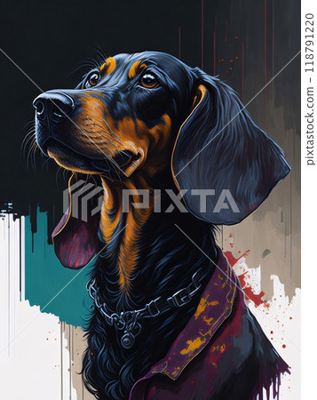 Charming portrait of a dachshund, enhanced with bright, colorful splashes with a vibrant and playful artistic vibe, Generative AI. Charming portrait of a dachshund, enhanced with bright, colorful splashes with a vibrant and playful artistic vibe, Generative AI. 118791220
