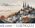 Abstract geometric landscape with mountains and water reflections, featuring a blend of earthy and blue tones, Generative AI. 118791222