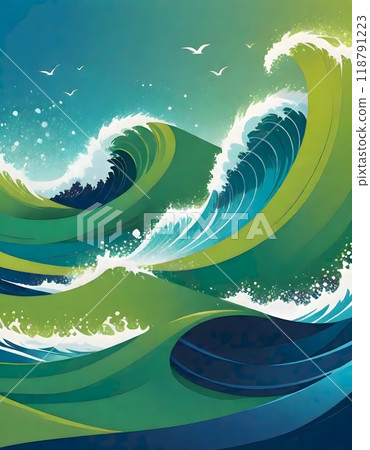 Dynamic abstract design featuring swirling shapes in shades of blue and green with a sense of motion conveyed by the swirling elements, Generative AI. Dynamic abstract design featuring swirling shapes in shades of blue and green with a sense of motion conveyed by the swirling elements, Generative AI. 118791223