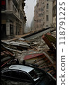Realistic collapsed buildings with debris scattered around, due to an earthquake or explosion, Generative AI. 118791225