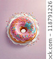 Colorful donut with pink and blue icing, topped with multicolored sprinkles, placed on a white doily against a light pink background, Generative AI. 118791226