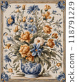 Detailed illustration of a ceramic tile with floral arrangement in a decorative vase design, featuring blue and orange flowers with green leaves, set against an ornate background, Generative AI. 118791229