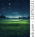 Magical night scene with glowing fireflies over a grassy field with a blurred background and bokeh lights, creating a dreamy atmosphere, Generative AI. 118791231