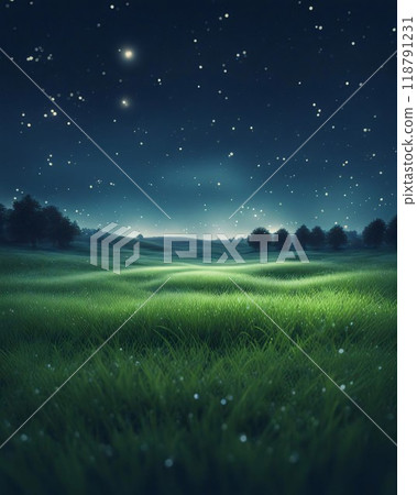 Magical night scene with glowing fireflies over a grassy field with a blurred background and bokeh lights, creating a dreamy atmosphere, Generative AI. Magical night scene with glowing fireflies over a grassy field with a blurred background and bokeh lights, creating a dreamy atmosphere, Generative AI. 118791231