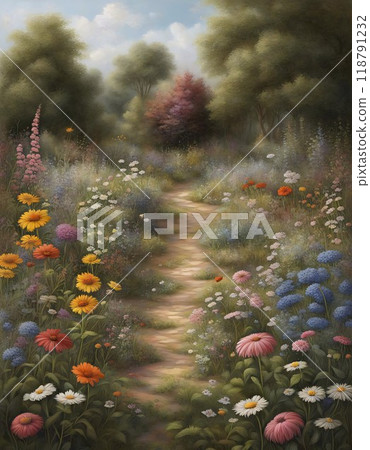 Serene garden path surrounded by a variety of colorful flowers and lush greenery, leading into a forested area under a partly cloudy sky, Generative AI. Serene garden path surrounded by a variety of colorful flowers and lush greenery, leading into a forested area under a partly cloudy sky, Generative AI. 118791232