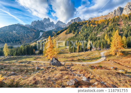 Fabulous view of mountains and valleys with larch forest and wonderful sky are located in Filzmoos Fabulous view of mountains and valleys with larch forest and wonderful sky are located in Filzmoos 118791755