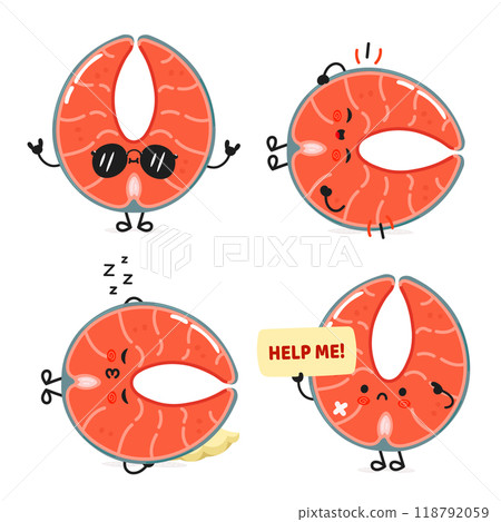 Funny Red fish salmon characters bundle set. Vector hand drawn doodle style cartoon character illustration icon design. Cute Red fish salmon mascot character collection Funny Red fish salmon characters bundle set. Vector hand drawn doodle style cartoon character illustration icon design. Cute Red fish salmon mascot character collection 118792059