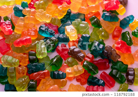 Colorful gummy candies, jelly bears sweets 118792188