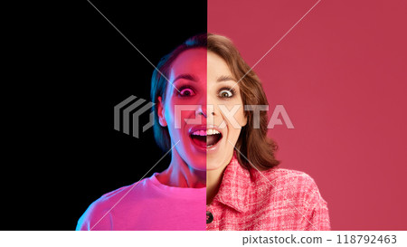 Young woman in extreme contrasting lighting, half black, half red. Creative conceptual collage. Young woman in extreme contrasting lighting, half black, half red. Creative conceptual collage. 118792463