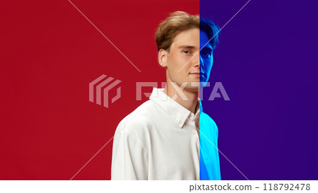 Portrait of young man with in split red and purple neon. Confidence and hesitation. Decision-making. Creative conceptual collage. 118792478