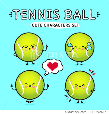 Funny cute happy Tennis ball characters bundle set. Vector hand drawn doodle style cartoon character illustration icon design. Isolated on blue background. Tennis ball mascot character collection 118792614