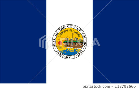 Flag of the city of Toledo, Ohio, USA, on a background of fabric texture. Conceptual collage Flag of the city of Toledo, Ohio, USA, on a background of fabric texture. Conceptual collage 118792660