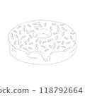 Hand drawn donut with chocolate on top. Vector illustration of bakery product. Black and white drawing for menu, packaging and label 118792664