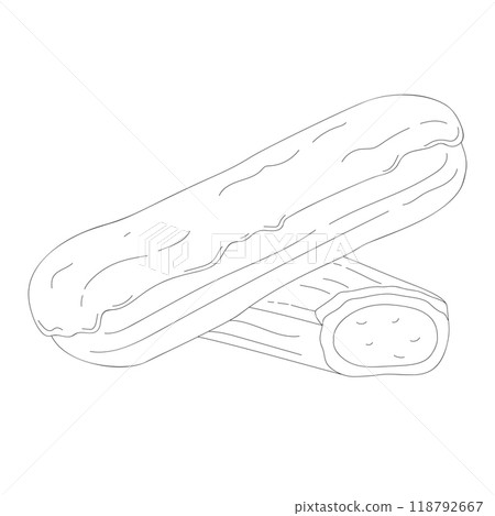 Hand drawn eclair cookie. Vector illustration of bakery product. Black and white drawing for menu, packaging and label 118792667