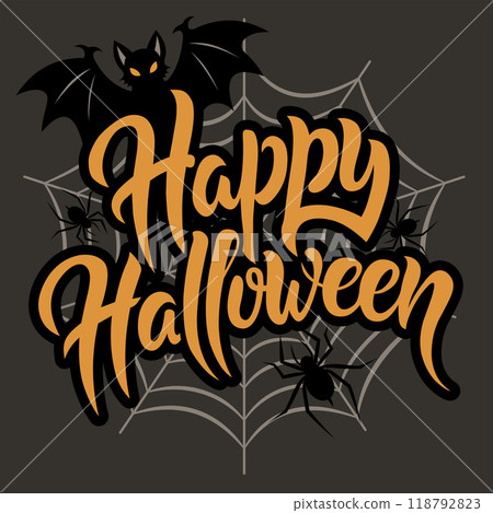 Orange Halloween lettering with bat and scary spiders on web. Isolated design on dark background. Banner design, party poster design 118792823