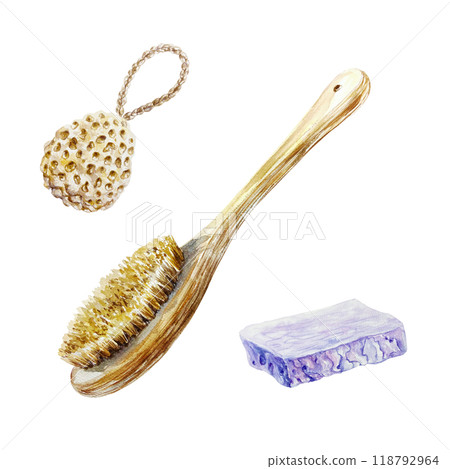 Scrub brush, loofah sponge, soap. Lavender SPA procedure. Hand drawn watercolor illustration isolated on white. For certificates and invitations, postcards, posters, banners, menu. Scrub brush, loofah sponge, soap. Lavender SPA procedure. Hand drawn watercolor illustration isolated on white. For certificates and invitations, postcards, posters, banners, menu. 118792964