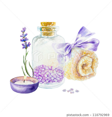 Lavender SPA treatment, bath sea salt in a bottle, towel, candle, flower. Hand drawn watercolor illustration isolated on white. For certificates and invitations, postcards, posters, banners, menu. Lavender SPA treatment, bath sea salt in a bottle, towel, candle, flower. Hand drawn watercolor illustration isolated on white. For certificates and invitations, postcards, posters, banners, menu. 118792969