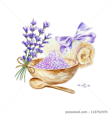 Lavender SPA treatment, sea salt for bath on wooden plate, towel, spoon, bouquet. Hand drawn watercolor illustration isolated on white. Certificates and invitations, postcards, posters, banners, menu. 118792970