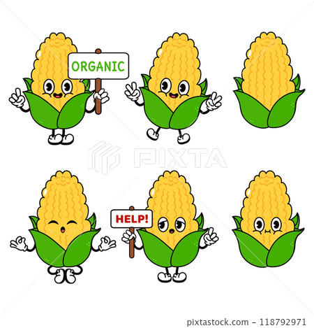 Funny cute Corn characters bundle set. Vector hand drawn doodle style traditional cartoon vintage, retro character illustration design. Isolated white background. Happy Corn 118792971