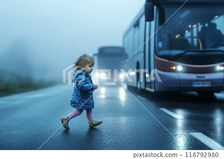 Small child suddenly ran out onto road in front of an approaching bus. 118792980