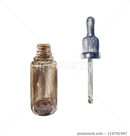 Glass bottle with pipette for cosmetic oils. Hand drawn watercolor illustration isolated on white. For SPA collections, cards, labels, posters and SPA salon price list design. 118792997
