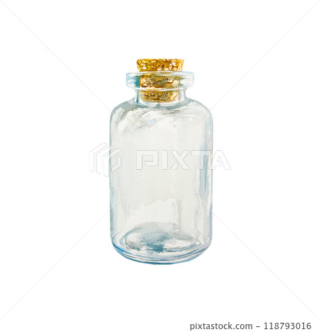 Glass bottle with cork, empty. Hand drawn watercolor illustration isolated on white. For cosmetic collections, cards, labels, posters and SPA salon price list design. 118793016