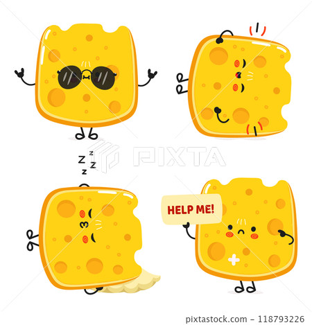 Funny Cheese characters bundle set. Vector hand drawn doodle style cartoon character illustration icon design. Cute Cheese mascot character collection 118793226