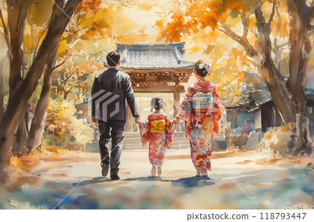 七五山風景:與穿著和服的家人一起在神社度過的溫馨時光 七五山風景:與穿著和服的家人一起在神社度過的溫馨時光 118793447