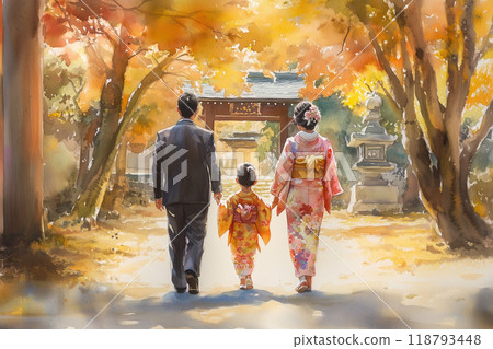 七五山風景:與穿著和服的家人一起在神社度過的溫馨時光 七五山風景:與穿著和服的家人一起在神社度過的溫馨時光 118793448