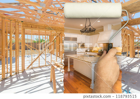 Before and After of Man Painting Roller Over Construction Framing to Reveal Completed and New Kitchen. Before and After of Man Painting Roller Over Construction Framing to Reveal Completed and New Kitchen. 118793515