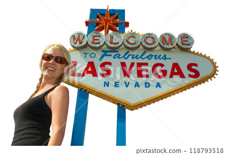 Pretty Girl Standing In Front of the Las Vegas Sign Isolated on a White Background. Pretty Girl Standing In Front of the Las Vegas Sign Isolated on a White Background. 118793518