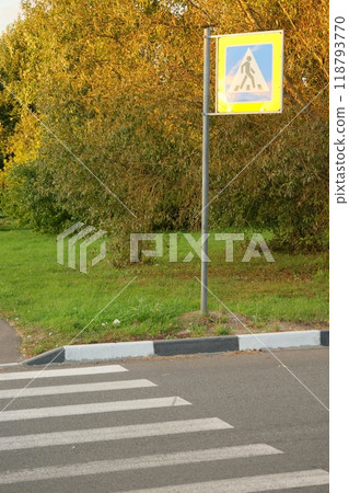 pedestrian crosswalk with white marking lines on an asphalt dark road. road markings pedestrian crosswalk with white marking lines on an asphalt dark road. road markings 118793770