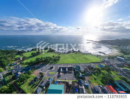 Aerial view of the beautiful coastline with natural grass, Tanesashi Coast, Hachinohe City, Aomori Prefecture 118793935