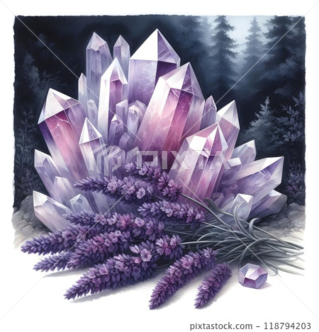 A cluster of lavender flowers laying next to the crystal. 118794203