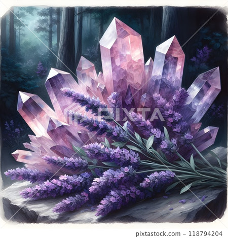 A cluster of lavender flowers laying next to the crystal. 118794204