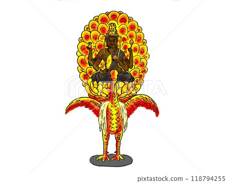 「消除人們的不幸和痛苦」。是一位慈悲的菩薩。它騎在孔雀身上,身上有針葉果、吉祥果、蓮花、孔雀尾巴。 「消除人們的不幸和痛苦」。是一位慈悲的菩薩。它騎在孔雀身上,身上有針葉果、吉祥果、蓮花、孔雀尾巴。 118794255