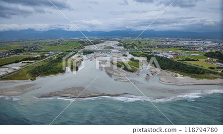 黑部川河口附近、黑部川左岸、黑部市鳥瞰圖 黑部川河口附近、黑部川左岸、黑部市鳥瞰圖 118794780