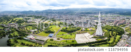 Aerial view of The Great Peace Prayer Tower or PL Peace Tower, in Osaka, Japan 118794956