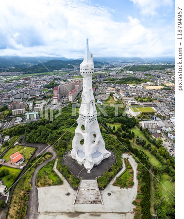 Aerial view of The Great Peace Prayer Tower or PL Peace Tower, in Osaka, Japan 118794957