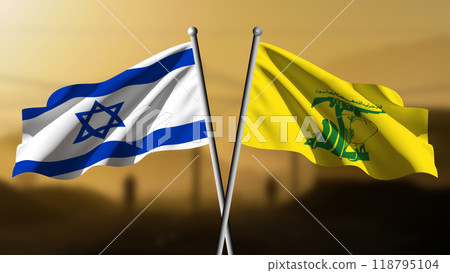 Israel against Hezbollah, the two groups' flags wave, with a blurred war zone in the background 118795104