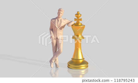 The Man and gold king chess on white background  3d rendering. 118795243
