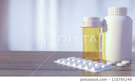 The medicine bottle on wood table for heath and sci concept 3d rendering. The medicine bottle on wood table for heath and sci concept 3d rendering. 118795249