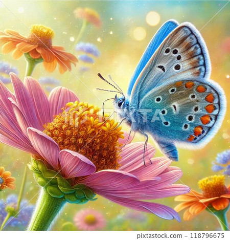 美麗的蝴蝶在夢幻般的花園裡翩翩起舞 美麗的蝴蝶在夢幻般的花園裡翩翩起舞 118796675