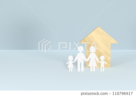 Eye-catching image of a nuclear family cutout and wooden house blocks 118796917