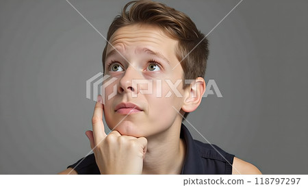 Thinking Pose Hand on chin eyes looking up 118797297