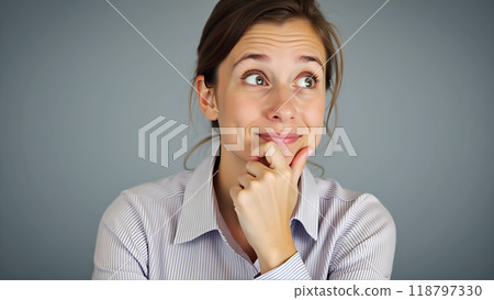 Thinking Pose Hand on chin eyes looking up 118797330